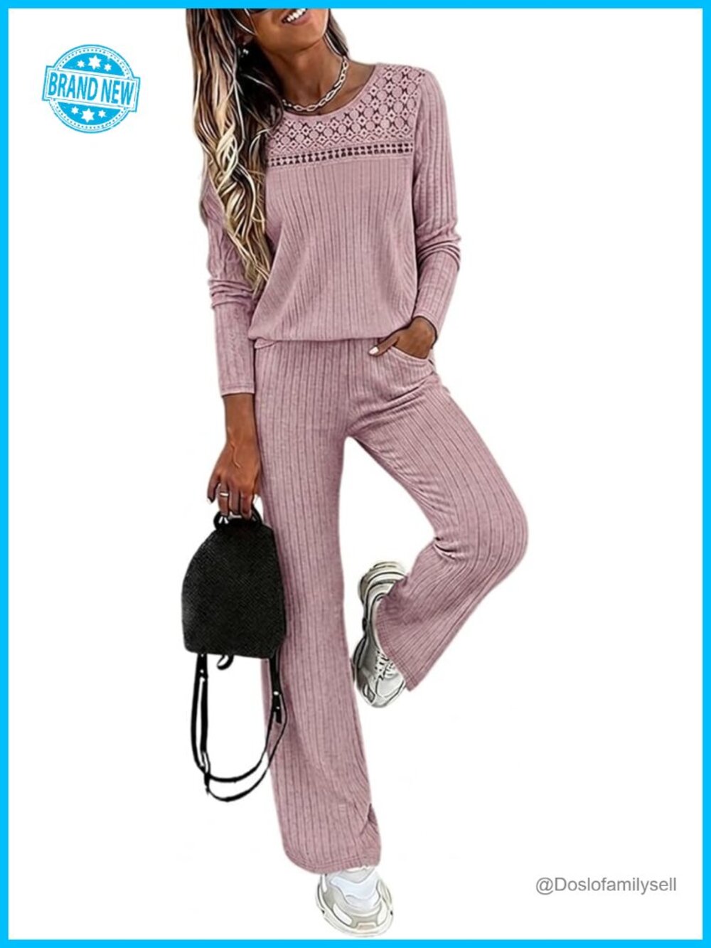 Womens Lounge Sets 2 Piece Ribbed Knit Long Sleeve Top Wide Leg Pants Set